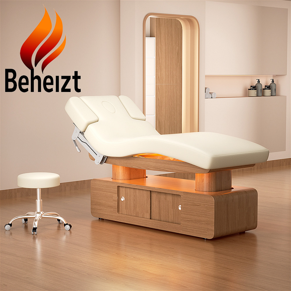 LED Massageliege Behandlungsliege  weiß/hellholz mit Heizung & Memoryfunktion L03051H