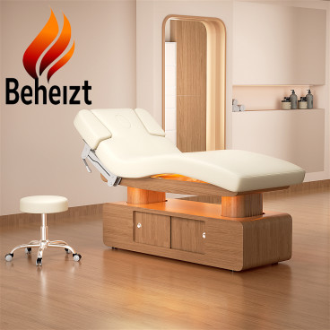 LED Massageliege Behandlungsliege  weiß/hellholz mit Heizung & Memoryfunktion L03051H