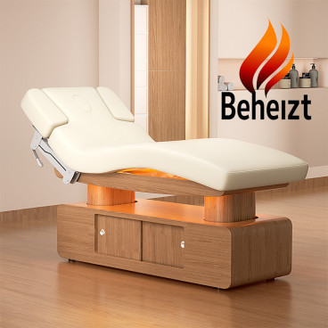 LED Massageliege Behandlungsliege  weiß/hellholz mit Heizung & Memoryfunktion L03051H